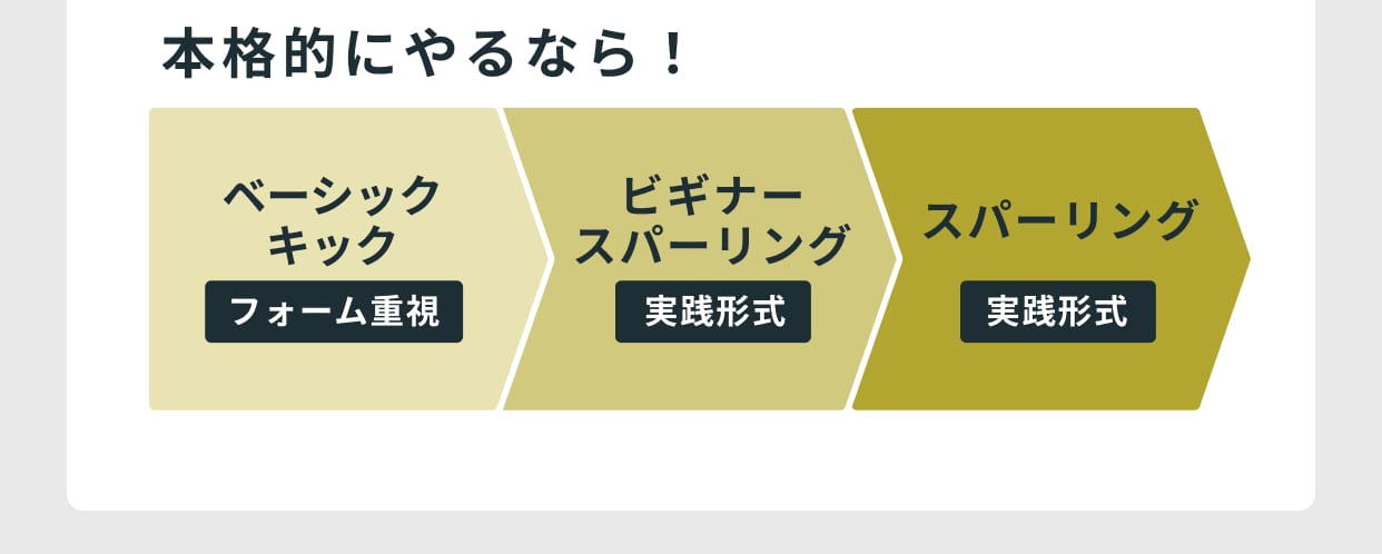 本格的にやるなら！「ベーシックキック フォーム重視」から「ビギナースパーリング 実践形式」へ、さらに「スパーリング 実践形式」へ。
